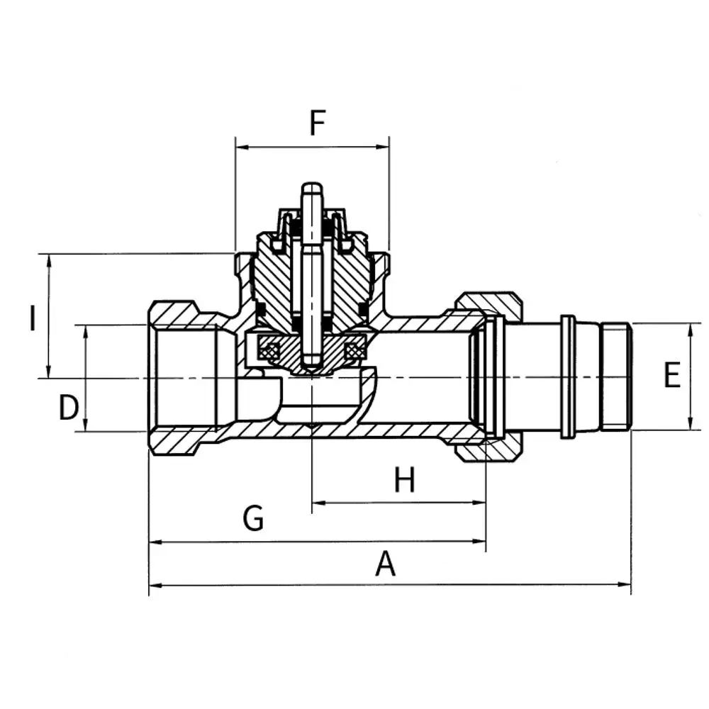 Thermostatventil von Flamco mit Schnittansicht, klar erkennbar sind die verschiedenen Anschlussgrößen und die inneren Komponenten des Ventils.