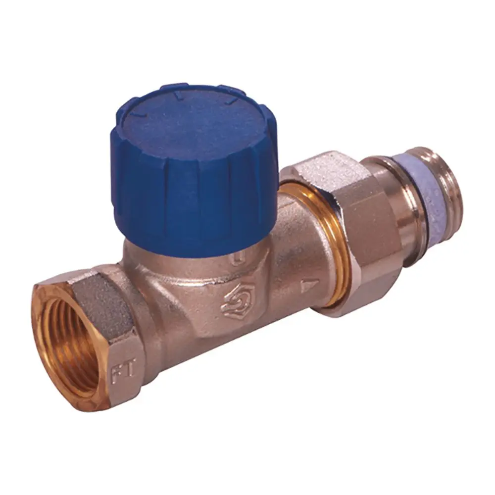Thermostatventil von Flamco mit blauem Regler und mehreren Anschlussmöglichkeiten, hergestellt aus Messing mit einem kompakten Design zur Regelung des Durchflusses.