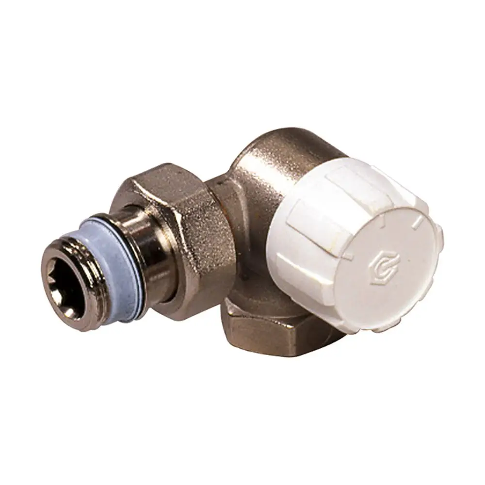 Thermostatventil von Flamco in rechter Winkelausführung, mit einstellbarem Voreinstellungsmechanismus und Standardanschlüssen für Rohrleitungen.