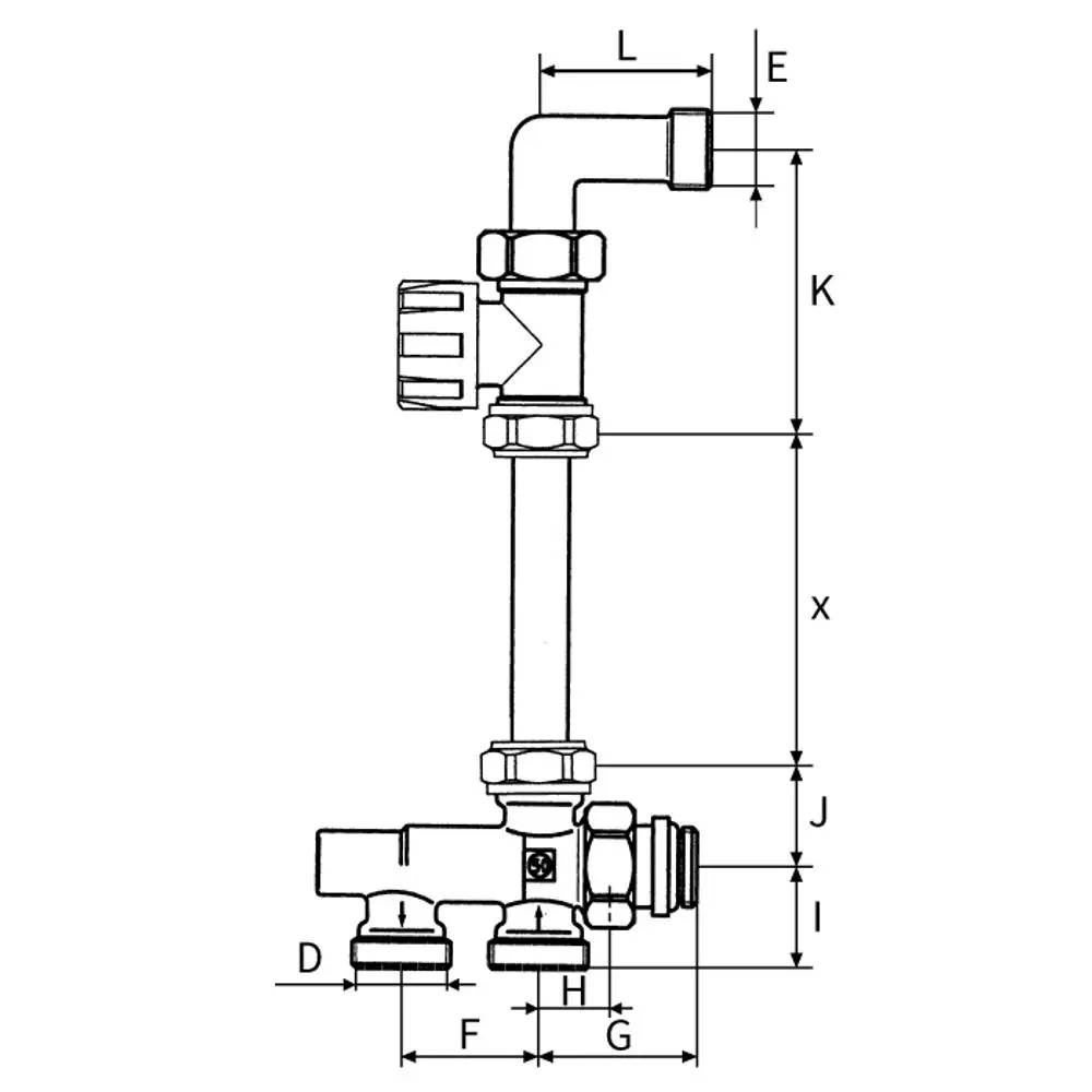 Zweirohranschluss-Set von Flamco mit Durchgangsventil. Konstruktion zeigt verschiedene Anschlusspunkte und Dimensionen zur Installation in Heizsystemen.