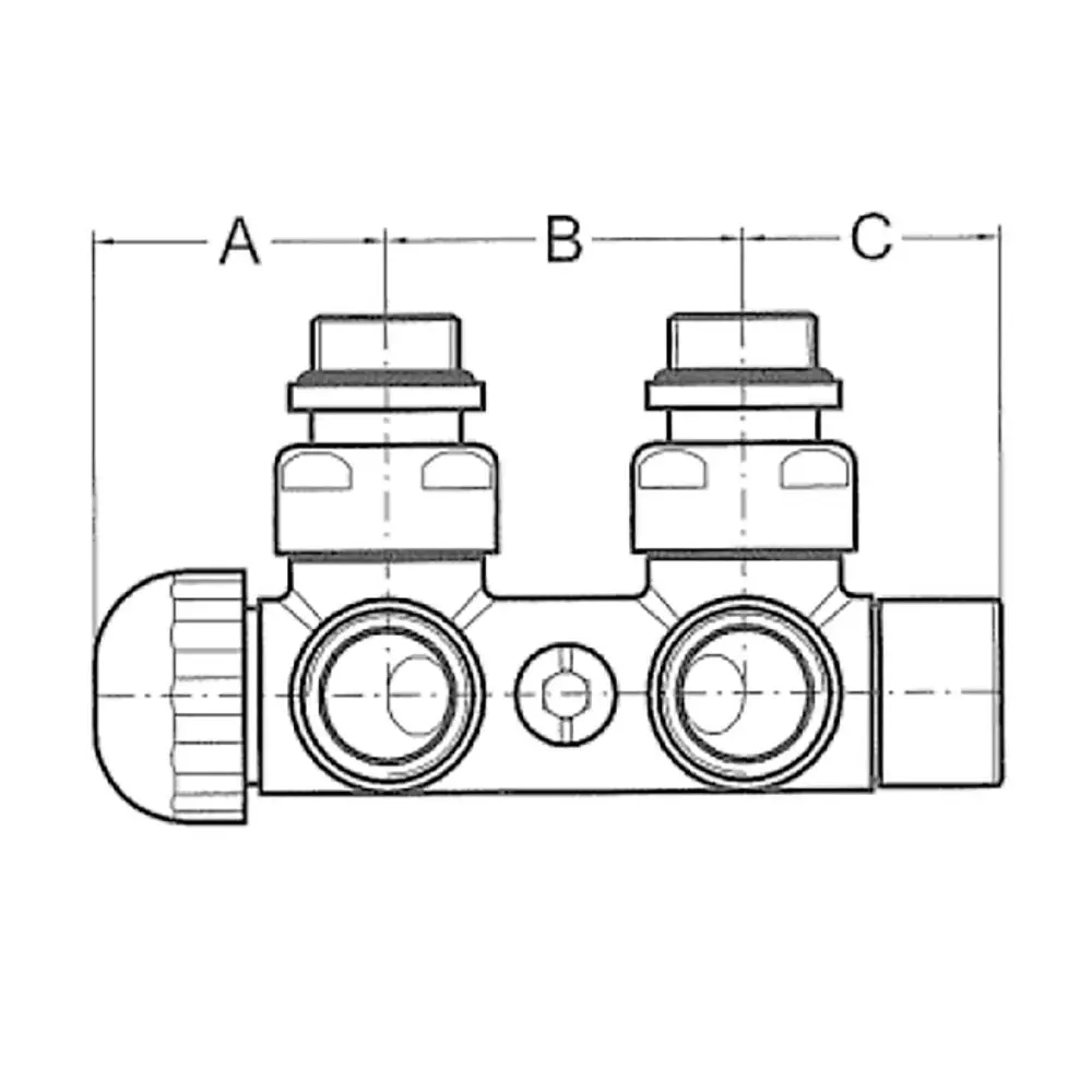 Flamco Design-Ventilarmatur mit zwei Anschlussmöglichkeiten. Die Bauform zeigt eine kompakte Bauweise und zentrale Durchgangsöffnung für einfache Installation.