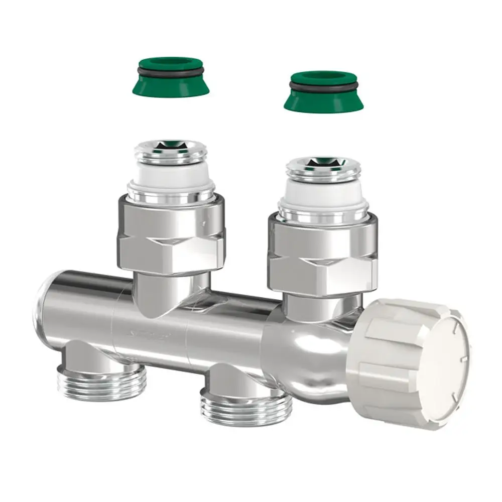 Design-Ventilarm von Flamco mit zwei Anschlüssen, ein Kunststoffdeckel und zwei O-Ringe. Verchromte Oberfläche und verschiedene Gewindeanschlüsse sind zu erkennen.