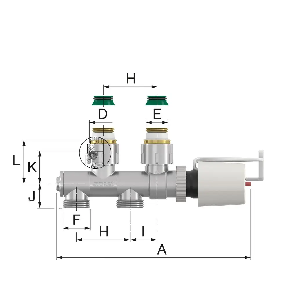 Flamco Ventilarm mit Stellmotor, dargestellt in einer seitlichen Ansicht. Ansichten der Verbindungsstellen und Maße sind schematisch abgebildet.