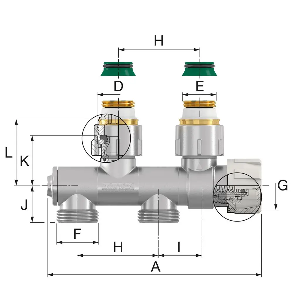 Flamco Ventilarmatur mit verschiedenen Anschlussmöglichkeiten, schwenkbar, Metalloberfläche, inklusive Nippel und Konus, mit maßlicher Darstellung und Bezeichnung für den Anschluss.