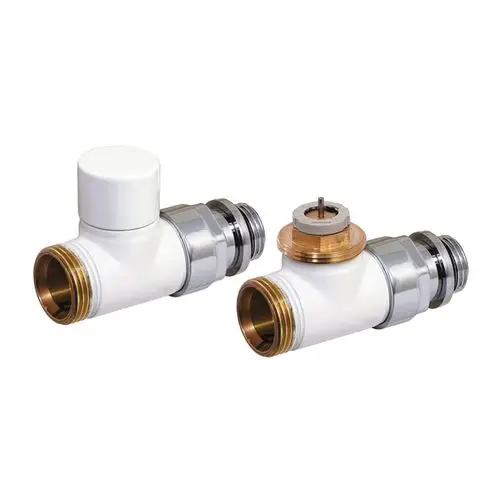 Flamco Design-Thermostat-Ventil-Set mit weißen Kunststoff- und Metallkomponenten, geeignet zur Regelung von Heizungsanlagen.
