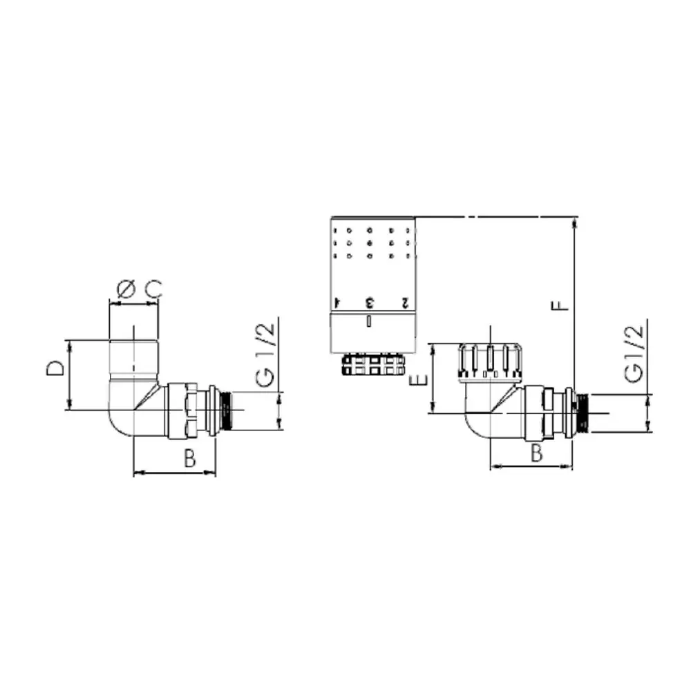Zwei perspektivische Darstellungen eines Thermoventils von Flamco, mit verschiedenen Anschlussmöglichkeiten und Maßen, skizziert auf einem technischen Diagramm.