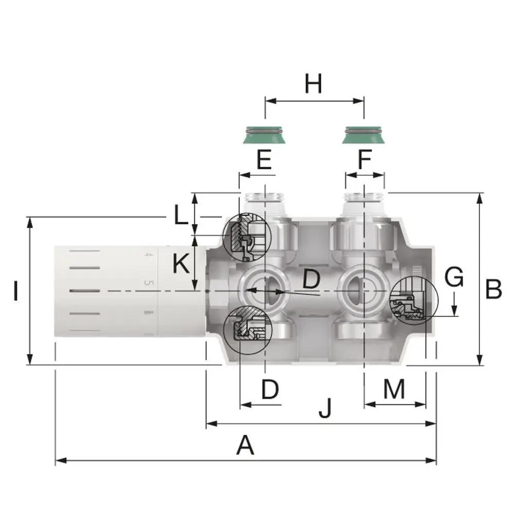 Ventilhahnblock von Flamco mit mehreren Anschlüssen, abgebildet in einer technischen Zeichnung mit Maßangaben und detaillierten Ansichten des Innenlebens.