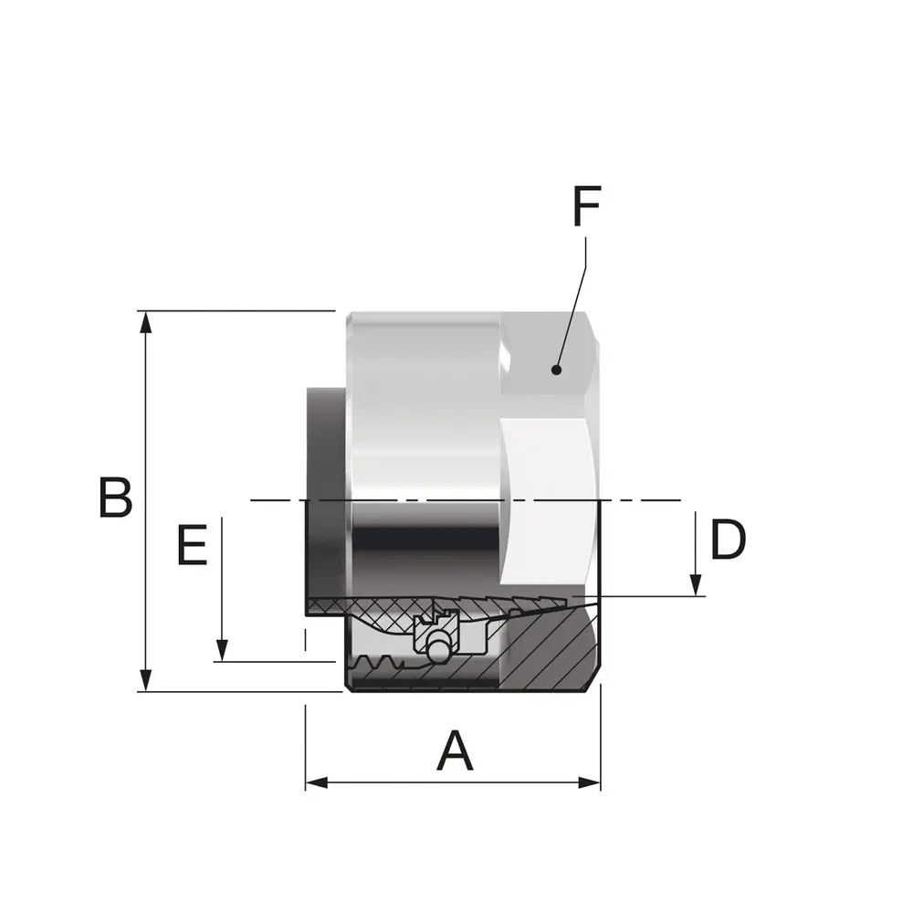Flamco Design-Klemmverschraubung mit verschiedenen Gewindearten, abgebildet in seitlicher Ansicht mit sichtbarem Querschnitt zur Darstellung der inneren Struktur.