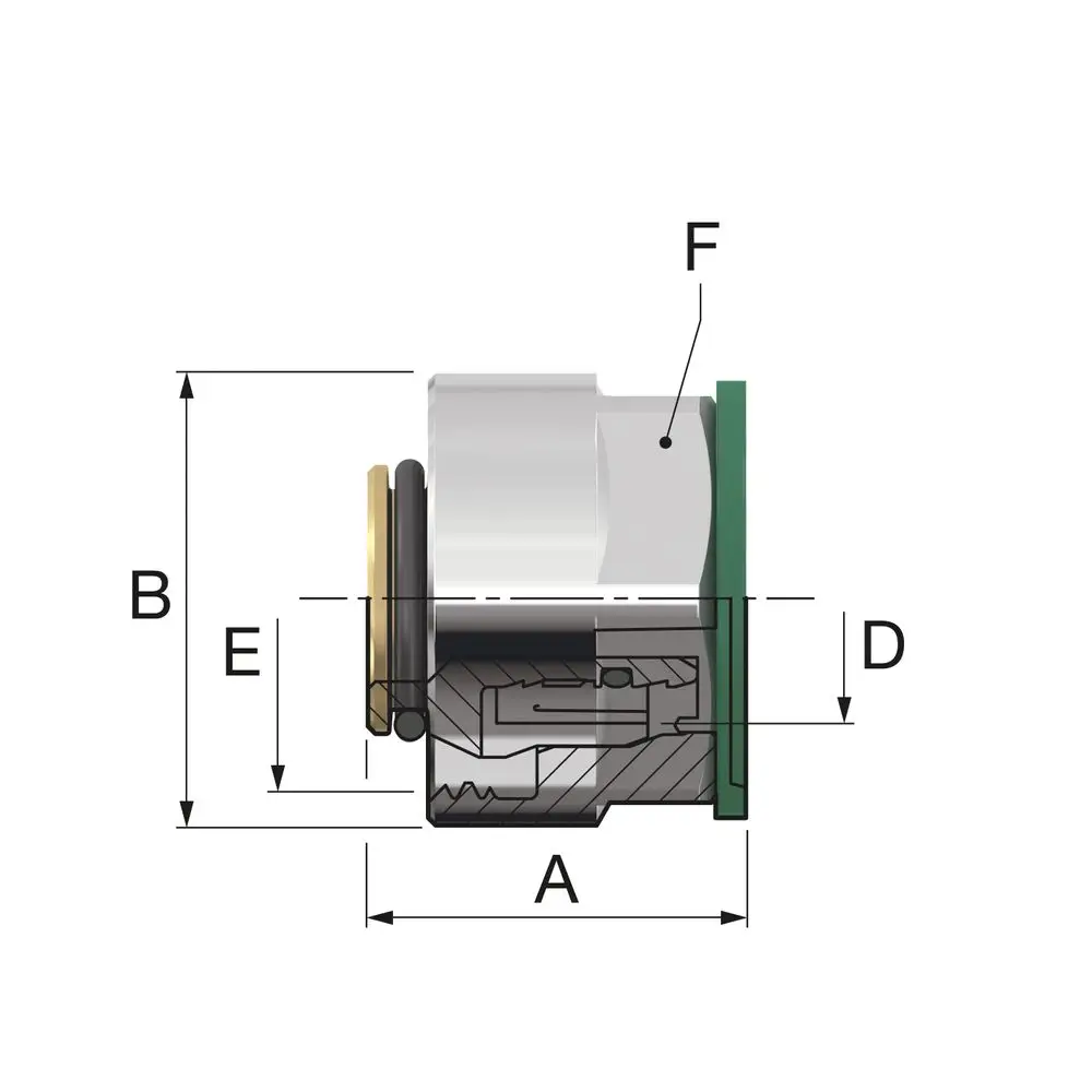 Flamco Design-Klemmverschraubung mit abgebildeten Maßen. Seitenansicht zeigt die interne Struktur und Verbindungselemente. Technische Details sind klar erkennbar.