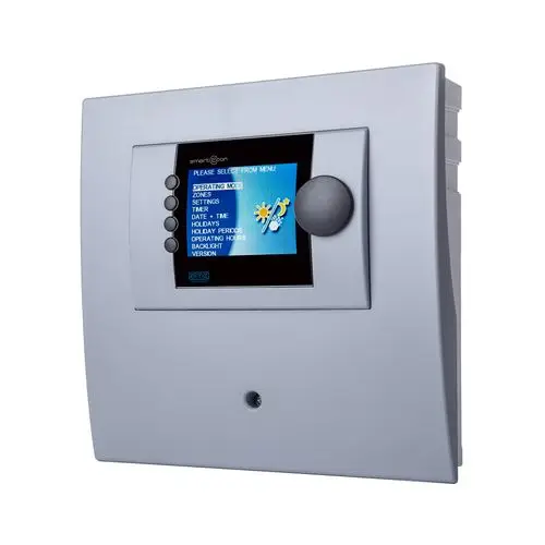 Digitales Bedienelement mit einem Farbdisplay, Tasten und einem Drehknopf zur Steuerung und Einstellung von Heizungsfunktionen.