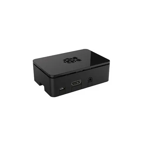 Schwarze Box mit Lüftungsgitter und Anschlüssen, möglicherweise ein Gehäuse für elektronische Geräte oder einen Mikrocontroller wie Raspberry Pi.