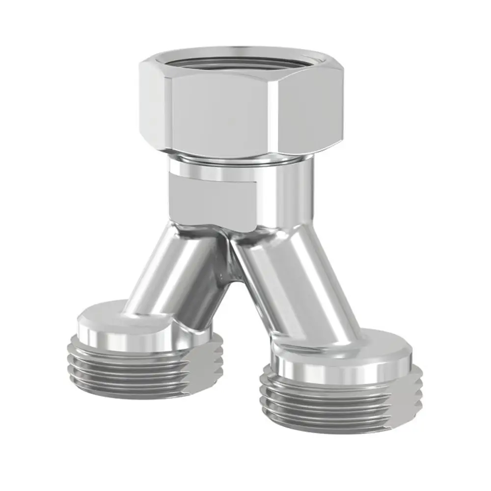 Y-förmiger Anschlussverteiler aus Metall mit zwei Gewindeanschlüssen, gefertigt von Flamco. Ideal für die Wasserverteilung in Rohrsystemen.