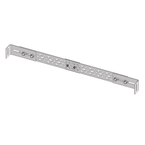 Ein metallischer Verteilungsrahmen mit perforierten Löchern und verstellbaren Befestigungen, geeignet für Heizungs- und Kühlsysteme.