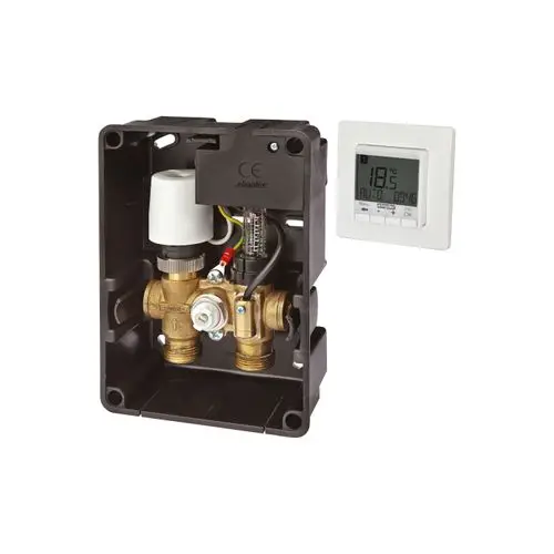 Regelbox für Flächenheizungs- und Kühlsysteme mit digitalem Thermostat und Anschlussanordnung für Heizungsrohre in einem kompakten Gehäuse.