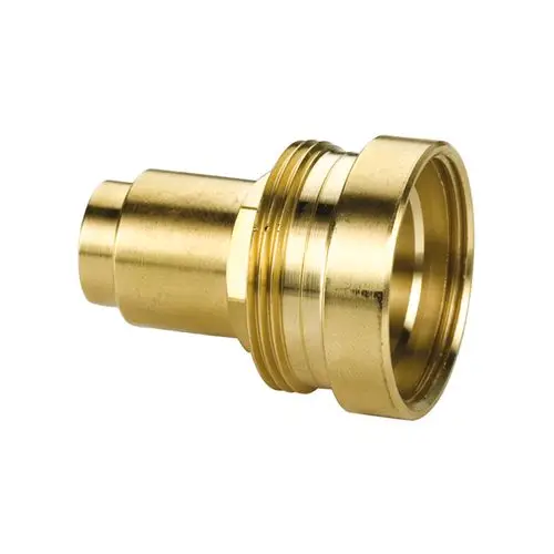 Detailaufnahme eines goldfarbenen, vernickelten Verteilerstücks für Heizungs- und Kühlungsanlagen, mit Gewinde und speziellen Konturen zur Verbindung.