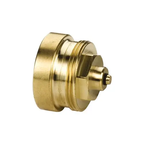 Eine goldfarbene Regelbox für Heizungs- und Kühlsysteme, geformt mit gewindeförmigen Kanten und einem zentralen Anschlussstift.