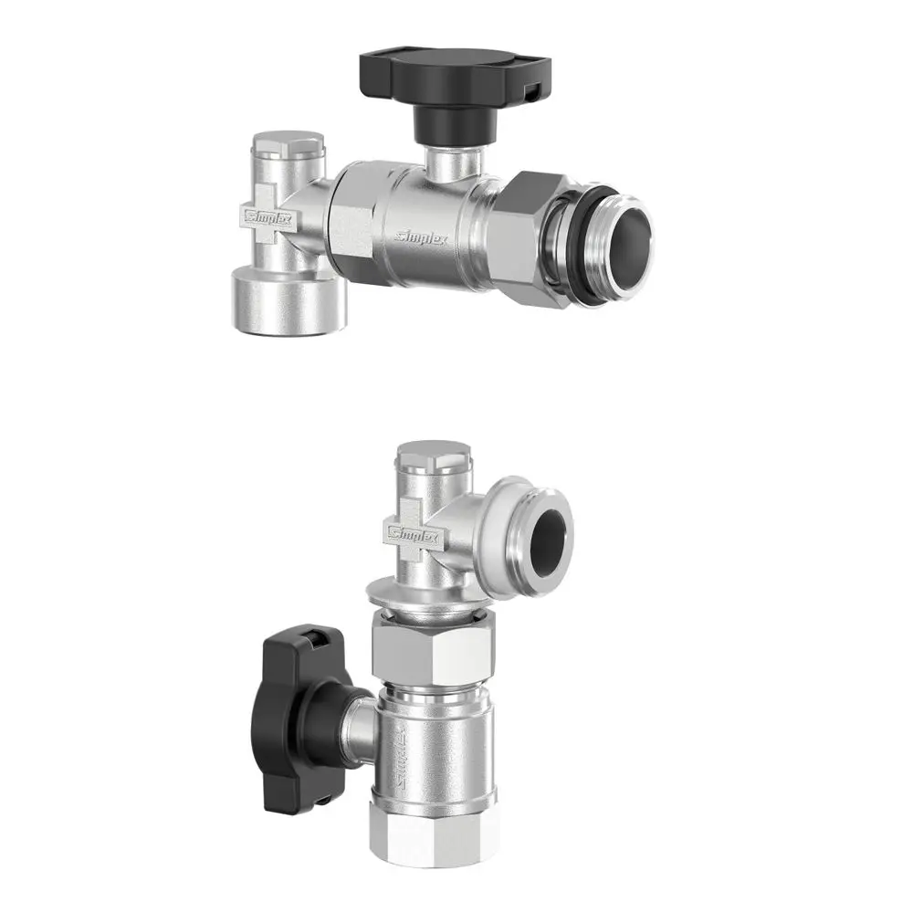 Verteileranschluss-Set von Flamco, bestehend aus zwei senkrechten Ventilen zur Installation in Rohrleitungssystemen, aus Messing mit unterschiedlichen Anschlussarten.