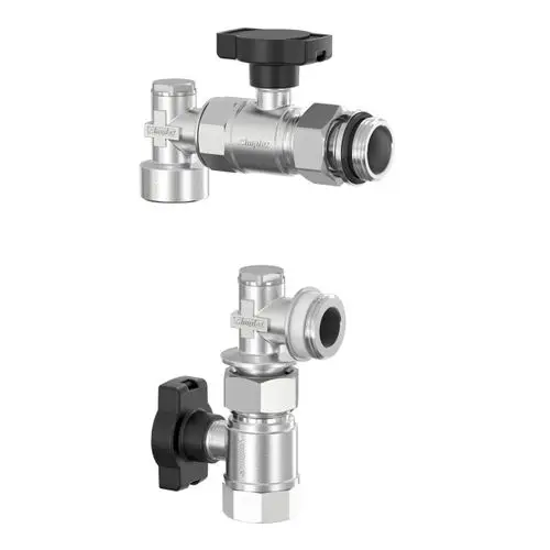Verteileranschluss-Set von Flamco, bestehend aus zwei senkrechten Ventilen zur Installation in Rohrleitungssystemen, aus Messing mit unterschiedlichen Anschlussarten.