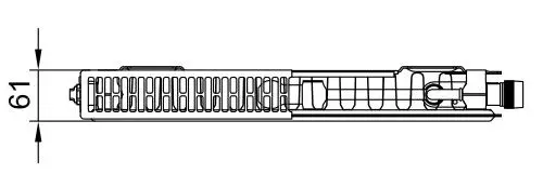 Technische Zeichnung eines Flachheizkörpers mit Maßen und Schnittansicht, Länge 61 mm, zur visualisierten Darstellung der Konstruktion und Komponenten.