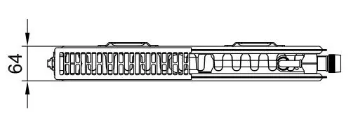 Technische Zeichnung eines Flachheizkörpers mit Maßangabe von 64 mm. Detailansicht eines Heizkoerperprofils mit Ventilanschlüssen.