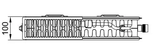 Technische Zeichnung eines Flachheizkörpers mit einer Höhe von 100 mm, seitliche Ansicht mit Ventilanschluss und geripptem Design.