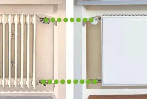 Vergleich von zwei Heizkoerpern: links ein klassischer Rippenheizkörper, rechts ein moderner flacher Heizkoerper mit minimalistischen Design.