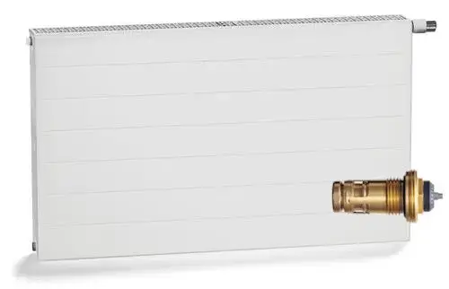 Flacher Heizkoerper in Weiß mit seitlichem Anschluss, inklusive Ventil. Geometrisches Design für moderne Innenräume.