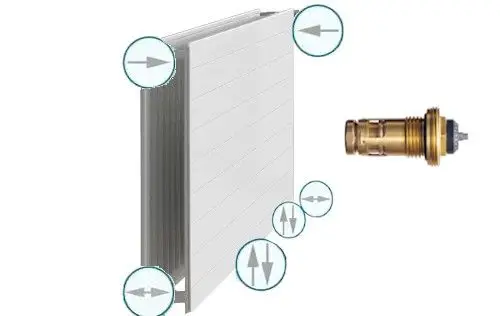 Technisches Diagramm eines Flachheizkörpers mit Pfeilen, die Bewegungsrichtungen anzeigen, und einer Abbildung eines Heizungsventils.