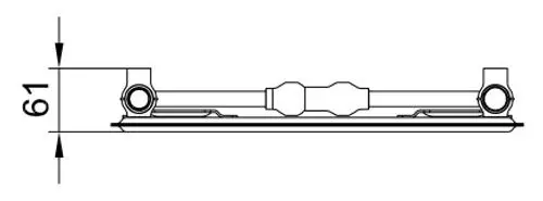 Technische Zeichnung eines flachen Heizkoerpers mit einer Höhe von 61 mm und seitlichen Anschlussmöglichkeiten.