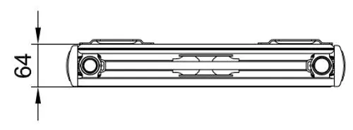 Technische Zeichnung eines Flachheizkörpers mit Abmessungen von 64 mm in der Höhe, Seitenansicht mit Sicht auf die Anschlüsse und Profilstruktur.