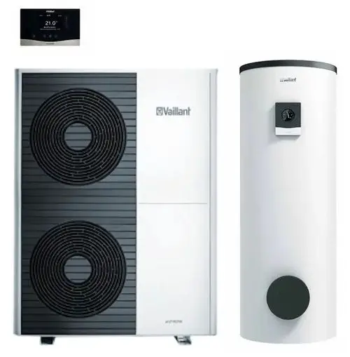 Wärmepumpe Vaillant aroTHERM plus mit zwei Lüftern und angeschlossenem Speicherbehälter. Display oben zeigt aktuelle Temperatur an.