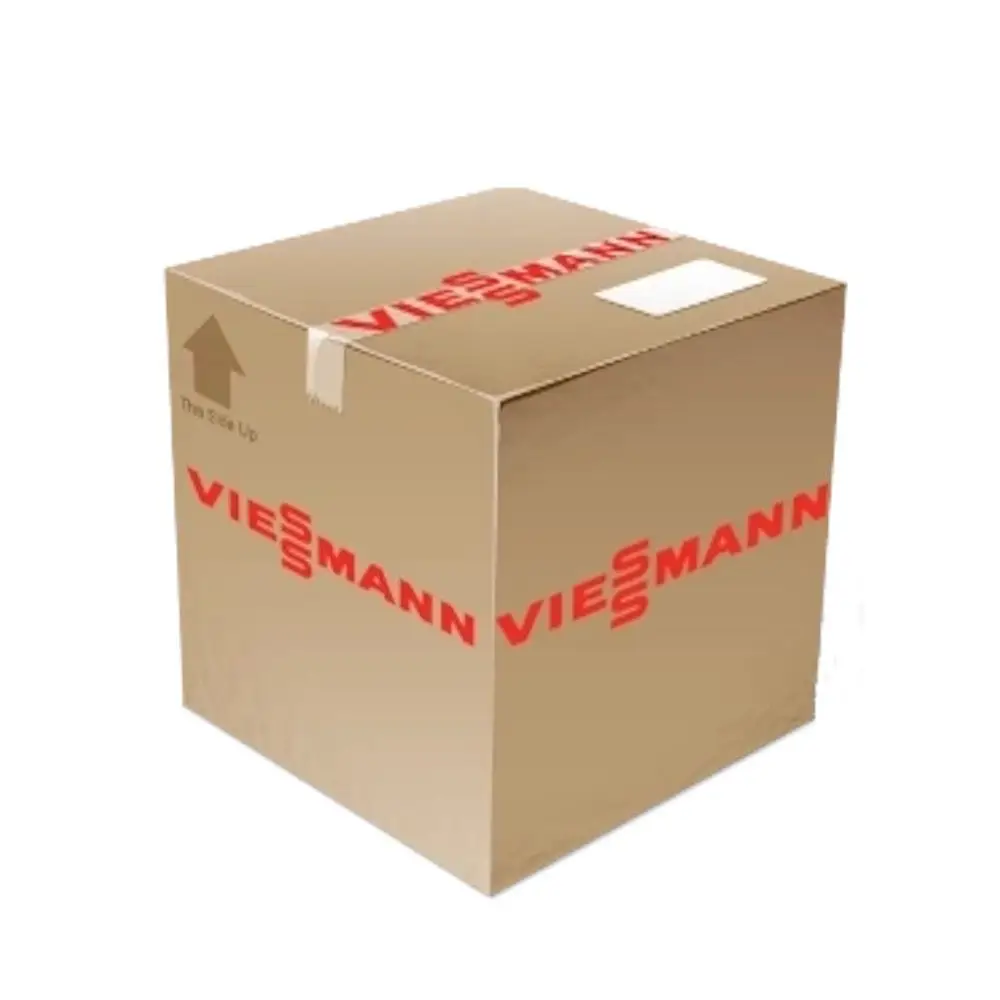 Kartonschachtel mit der Markenbezeichnung "Viessmann" in roter Schrift. Die Oberseite zeigt ein Feld für Adressetiketten und eine Anleitung zur Handhabung.