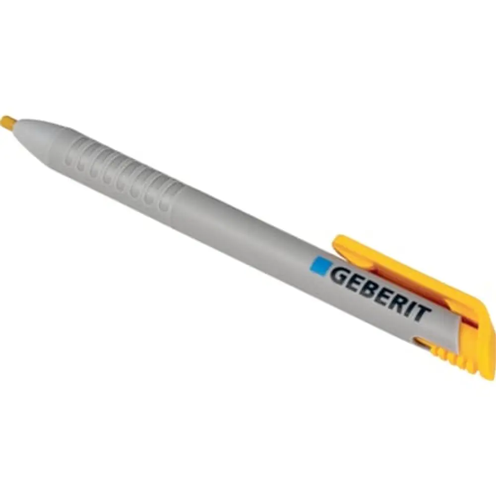 Fettstift in Grau mit versenkbarer Mine und gelbem Clip, versehen mit dem Logo der Marke Geberit.