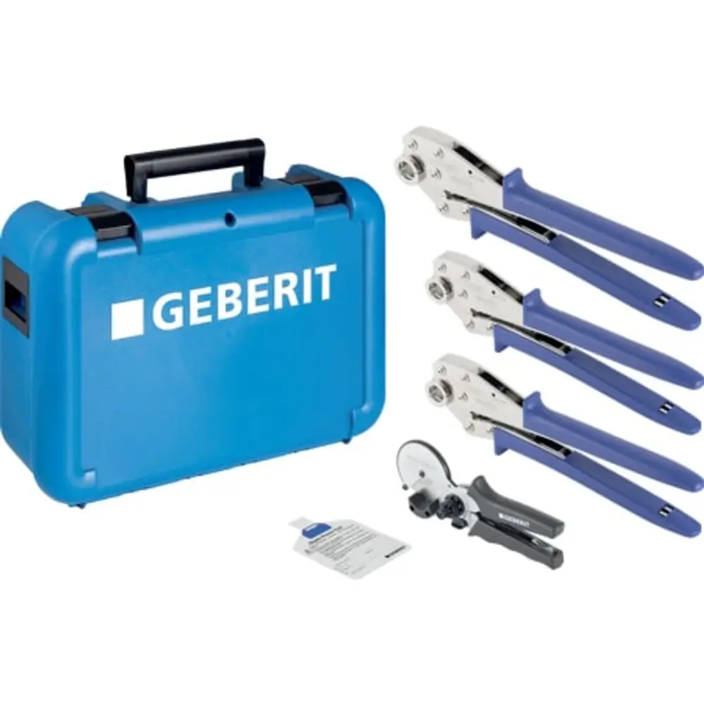Geberit Werkzeugkoffer mit mehreren Handpresswerkzeugen für Rohrverbindungen, inklusive zusätzlichem Schneidwerkzeug und Anleitung.