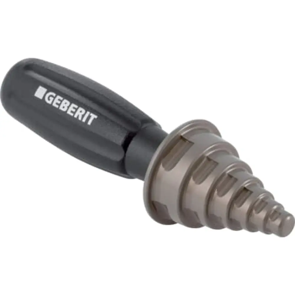 Mepla Entgrat- und Kalibrierwerkzeug mit schwarzem Griff und metallischer Spitze, produziert von Geberit, zur Bearbeitung von Rohren.