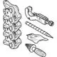 Mepla Set Pressbacken von Geberit, bestehend aus mehreren Pressbacken, einem Schneidwerkzeug, einer Schraube und Zubehör, dargestellt in schematischer Form.