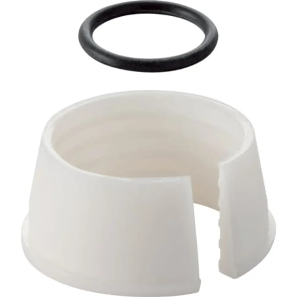 Weißer Kunststoffring mit einer Öffnung und einem schwarzen O-Ring oben, geeignet für Verwendung mit Geberit-Systemen.