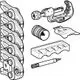 Geberit Mapress Set mit Pressbacken, verschiedenen Aufsätzen und Werkzeugen zur Rohrverarbeitung, abgebildet in einer schematischen Darstellung.