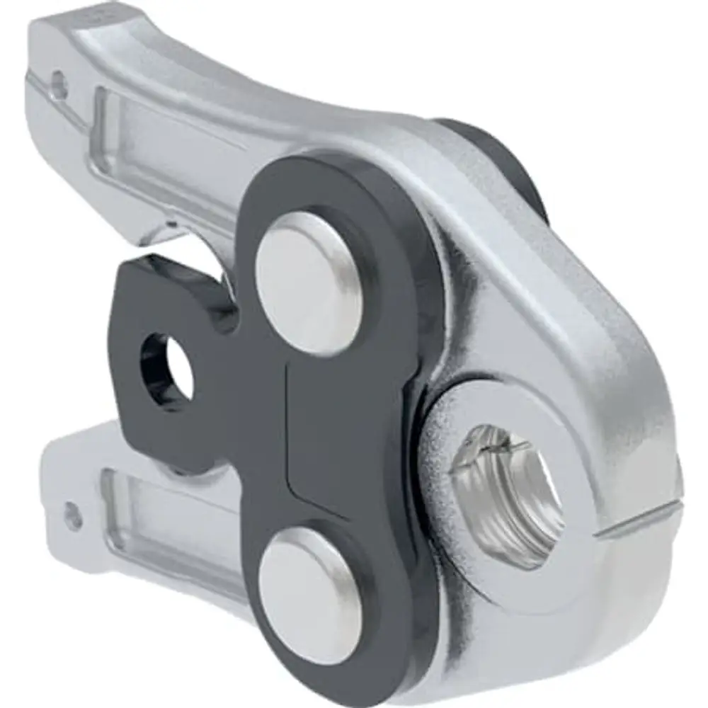 Geberit Pressbacke aus Metall, zeigt Verbindungen und Artikulierungselemente, geeignet für Pressverfahren in der Rohrinstallation.