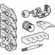 Geberit Mapress Set mit mehreren Pressbacken, einer speziellen Presszange, einem Werkzeug zur Rohrbearbeitung, einem Marker und Sicherheitshinweisen.