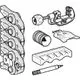 Geberit Pressbacken-Set mit mehreren Werkzeugen und Zubehörteilen zur Rohrverarbeitung, Darstellung von Pressbacken, einem Werkzeug und einem Marker.