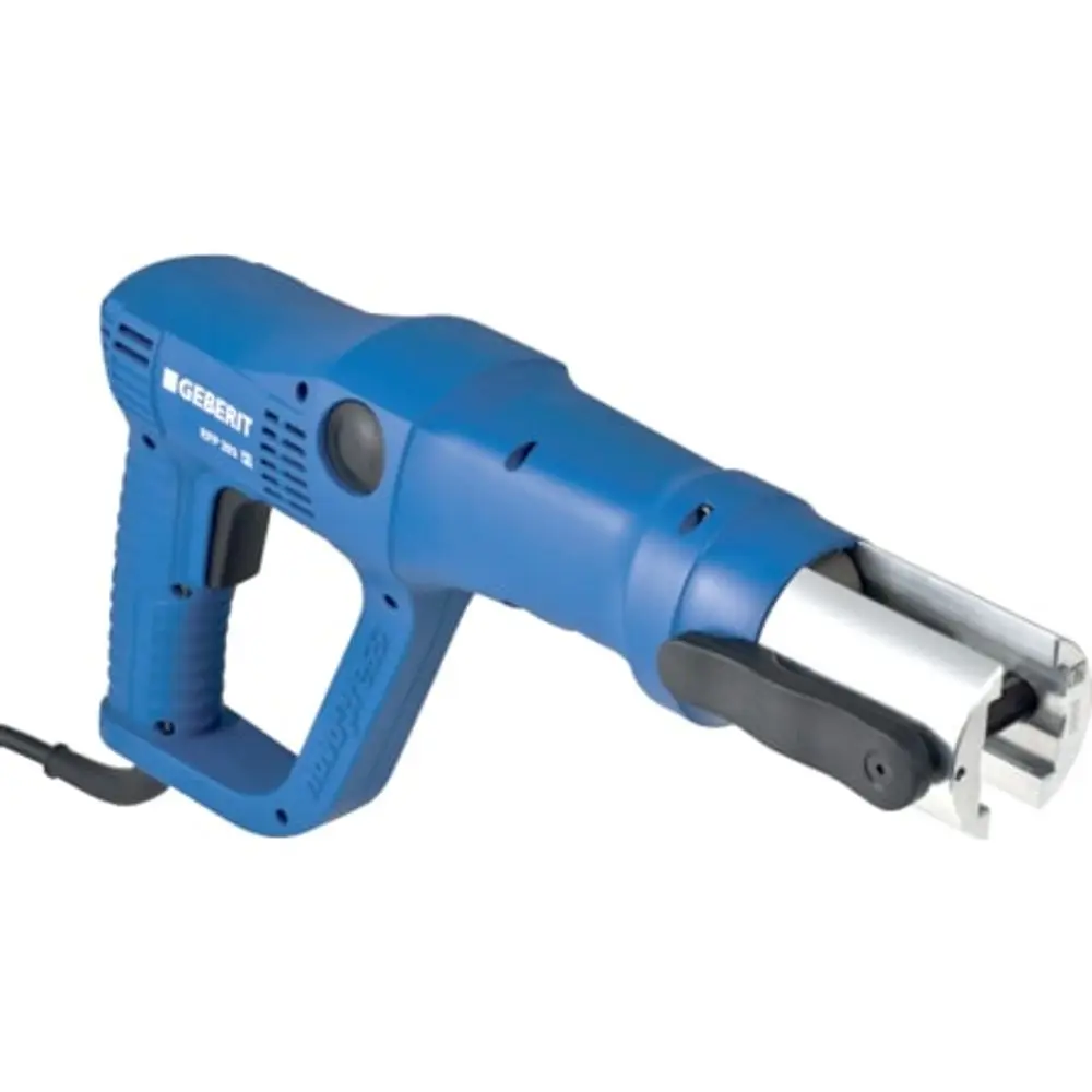Handgerät in Blau von Geberit, bestehend aus Griff und Pressmechanismus, mit Kabelanschluss, geeignet für Pressarbeiten.