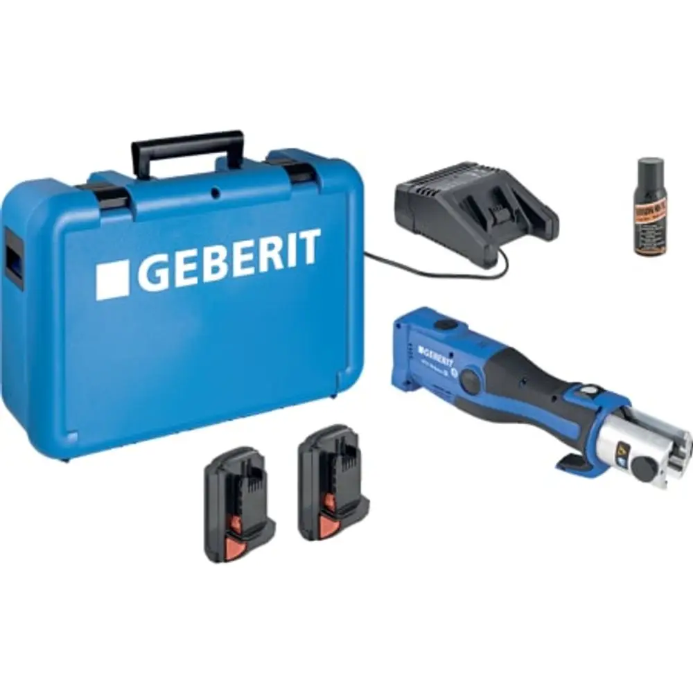 Koffer mit Geberit-Pressegerät, zwei Akkus, Ladegerät und Schmiermittel. Das Gerät ist kompakt und für Einsatz in der Rohrinstallation konzipiert.