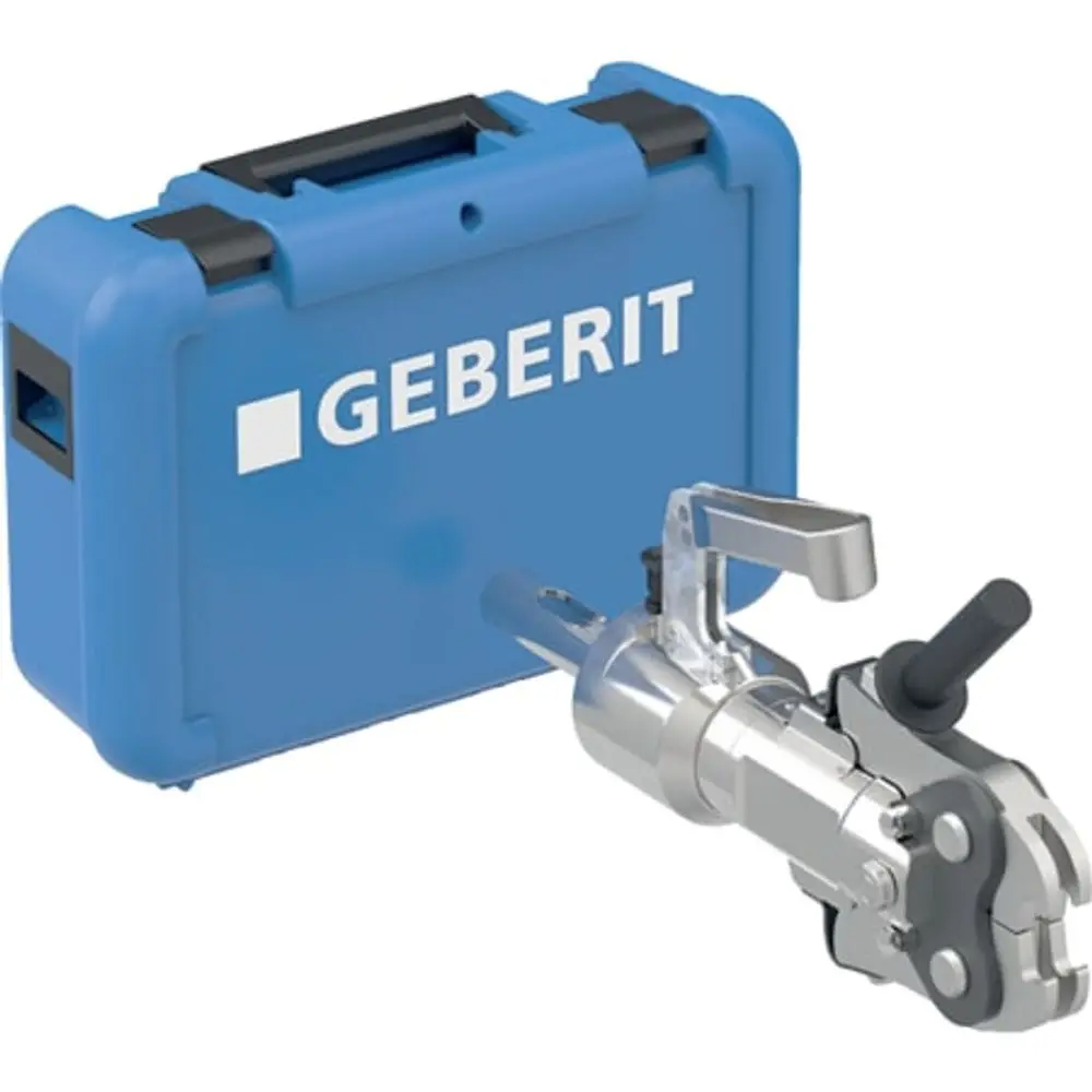 Presszylinder in einem blauen Koffer der Marke Geberit, ausgestattet mit einer Zwischenbacke und verschiedenen Betätigungen für Pressvorgänge.