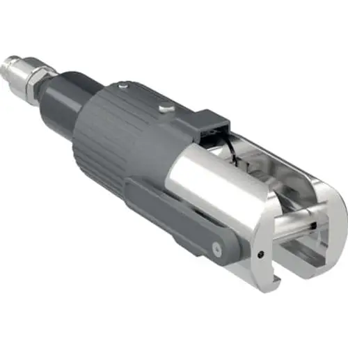 Geberit Presszylinder mit einer kompakten, ergonomischen Bauweise. Das Produkt zeigt eine Kombination aus Metall und Kunststoff für vielseitige Anwendungen.