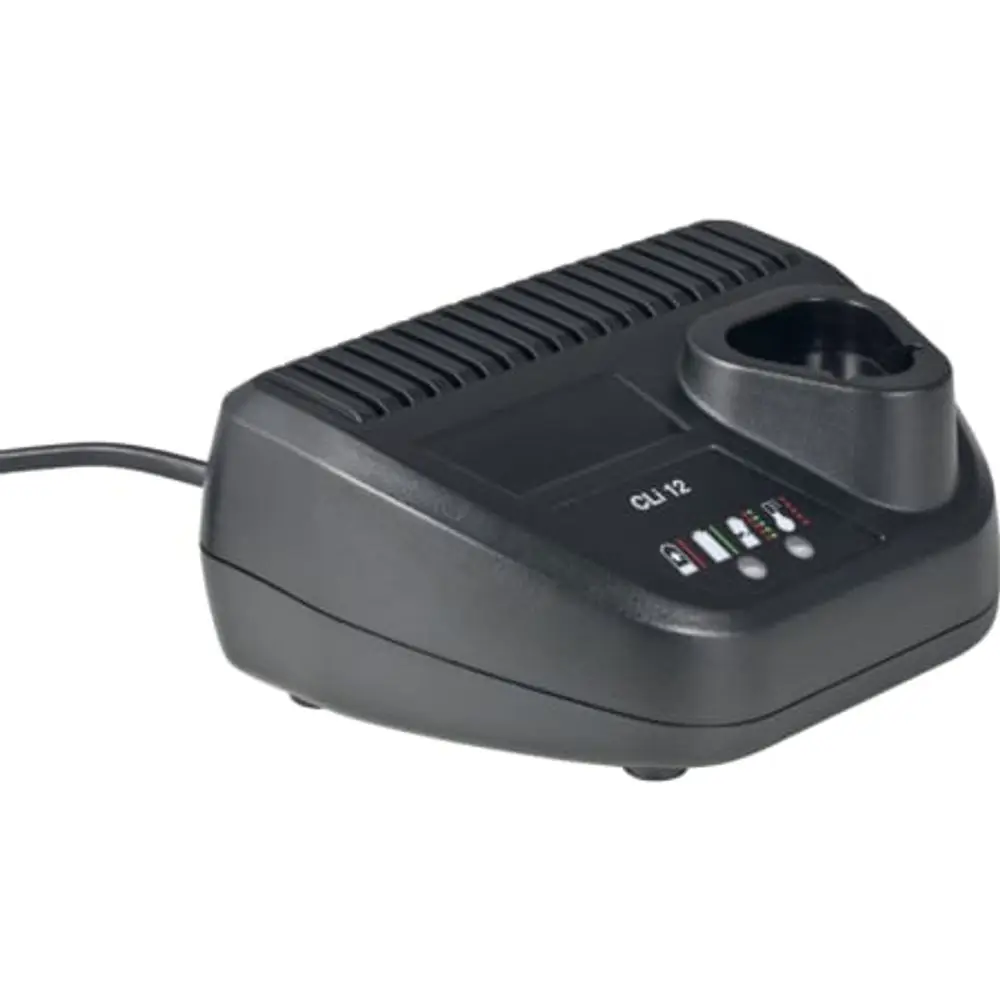 Akku-Ladegerät von Geberit mit einer Ladebuchse und mehreren Statusanzeigen zur Überwachung des Ladevorgangs. Kompaktes Design, geeignet für 12 V Akkus.