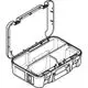 Transparente Aufbewahrungsbox mit drei Fächern, hergestellt von Geberit. Der Deckel ist klappbar und das Design ermöglicht eine ordentliche und sichtbare Aufbewahrung von Gegenständen.