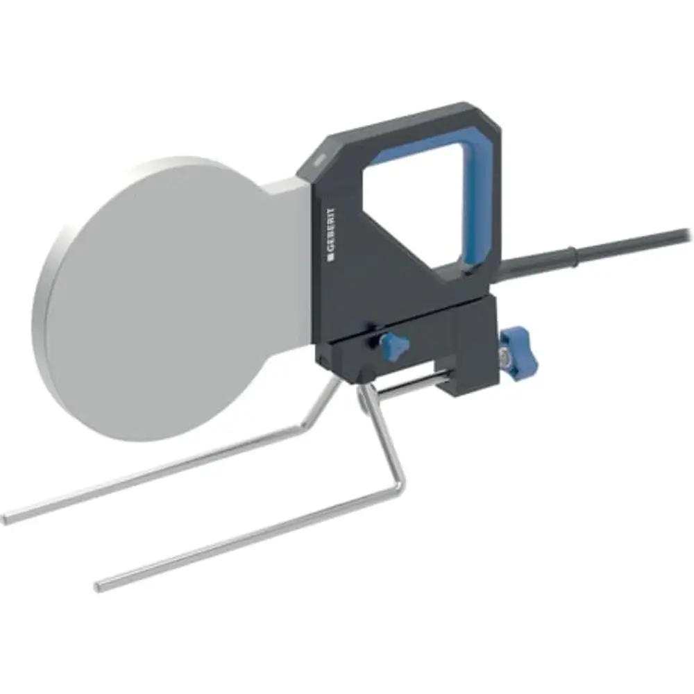 Schweißspiegel von Geberit mit runder, grauer Oberfläche und ergonomischem Griff, montierbar auf einer stabilen Unterlage. Gezeigt in einer neutralen Umgebung.
