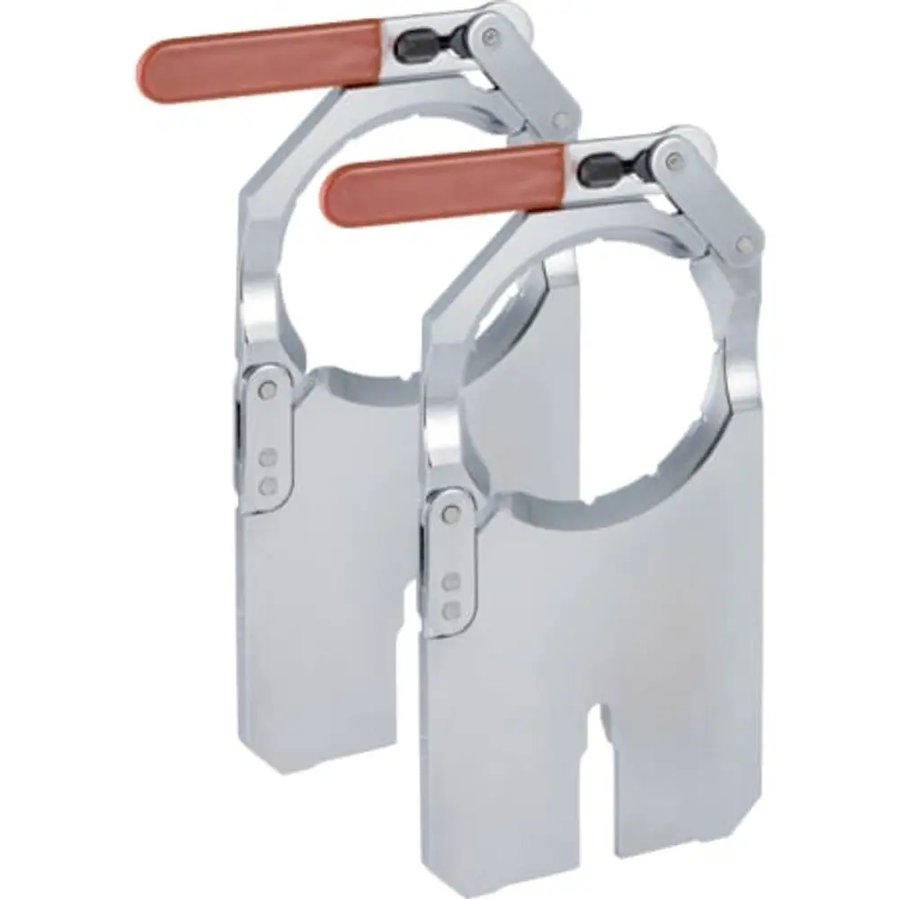 Set aus zwei Aufspannplatten mit einem Hebelmechanismus. Das Produkt ist aus Metall gefertigt und könnte von der Marke Geberit stammen.