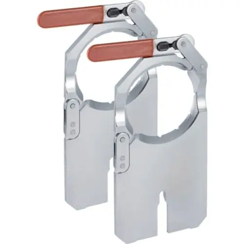 Set aus zwei Aufspannplatten mit einem Hebelmechanismus. Das Produkt ist aus Metall gefertigt und könnte von der Marke Geberit stammen.